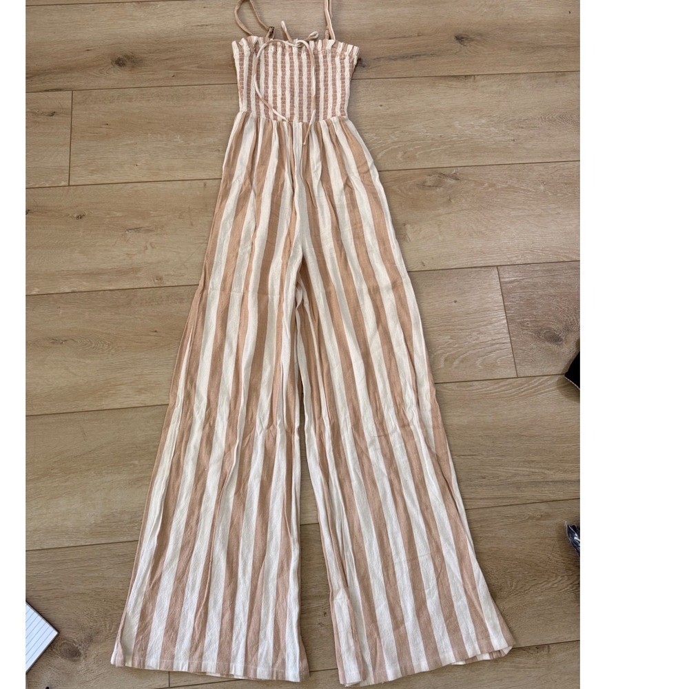 Billabong Tan White Striped Smocked Wide Leg Jumpsuit Women Beach Summer 258